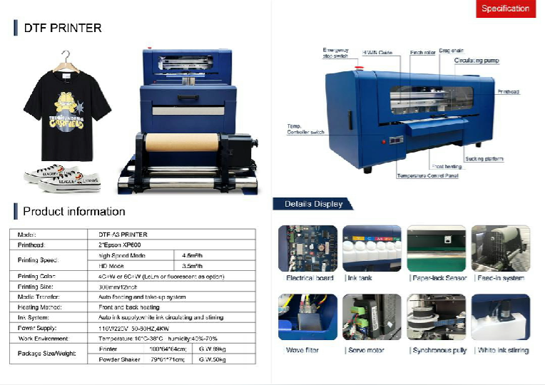 Made in China A3 PRO DTF Shirt Printer,direct to film printing with 2pcs Epson XP600 printhead,equipped shake powder machine
